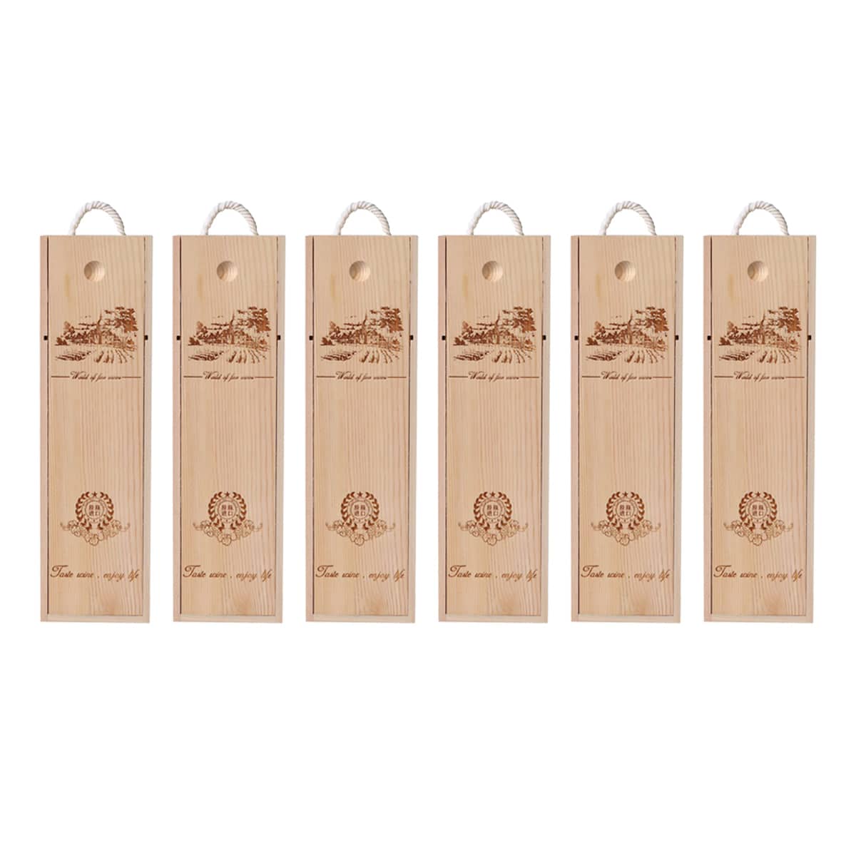Wooden Wine Gift Boxes, Pack of 6 - Single Bottle, Pull-Out Lid