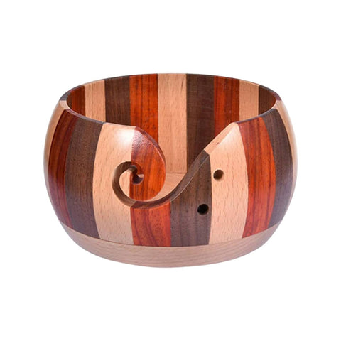 Wooden Yarn Bowl for Knitting and Crochet - Striped Light and Dark Wood, 15 cm