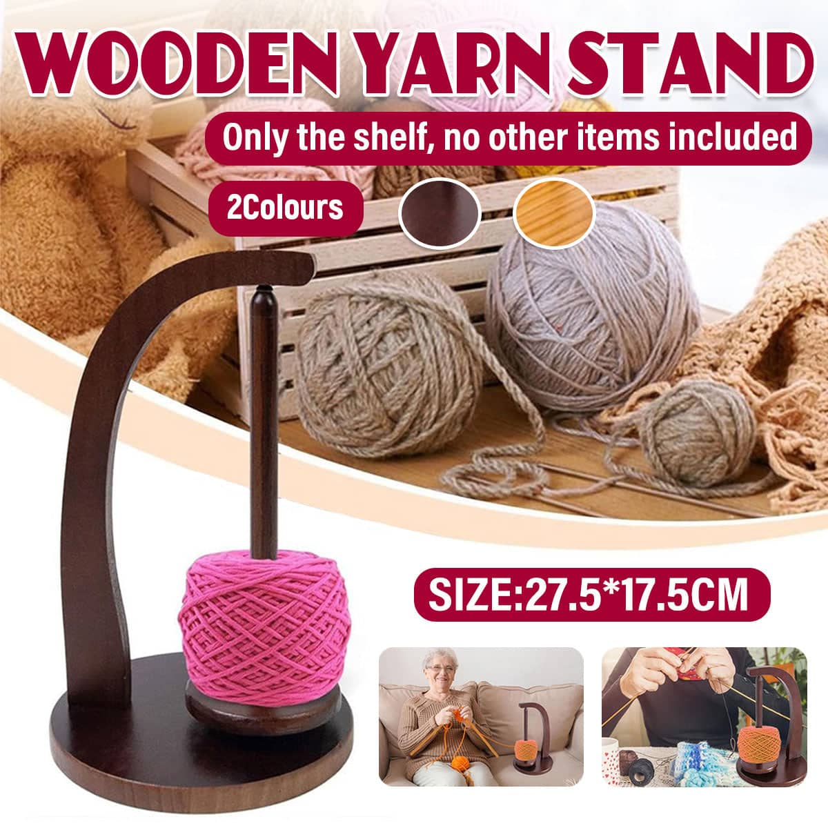 Wooden Yarn Holder Stand for Knitting and Crochet, Rotatable Bobbin Wool Dispenser - Brown - view 2