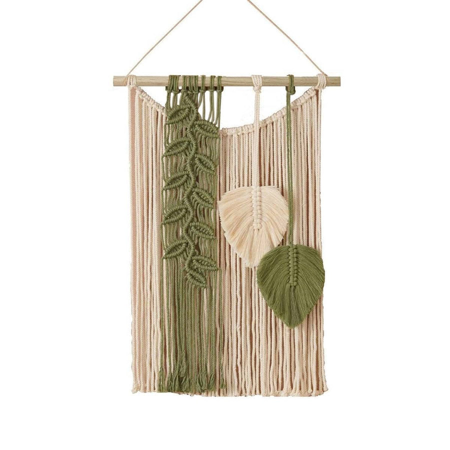 Woven Cotton Rope Leaf Wall Hanging with Wooden Rod - Green