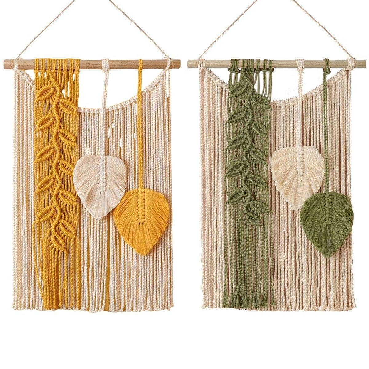 Woven Cotton Rope Leaf Wall Hanging with Wooden Rod - Green - view 3