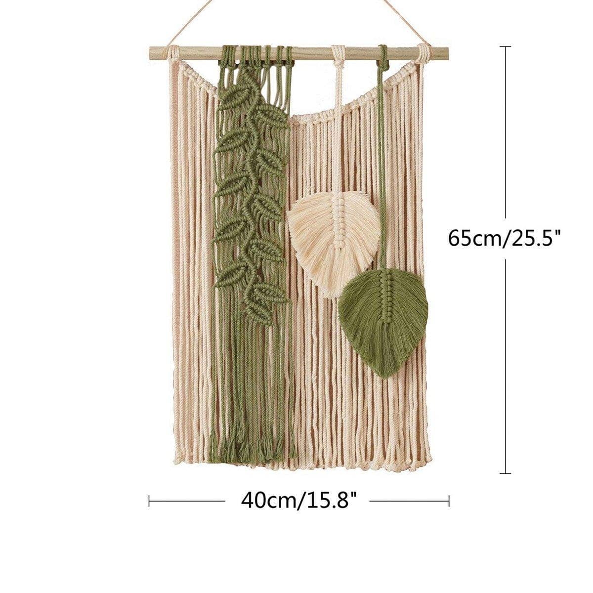 Woven Cotton Rope Leaf Wall Hanging with Wooden Rod - Green - view 4