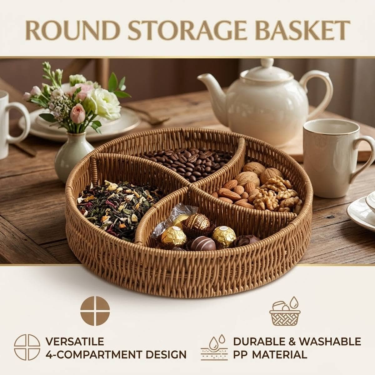 Woven Imitation Rattan Round Storage Basket with Compartments