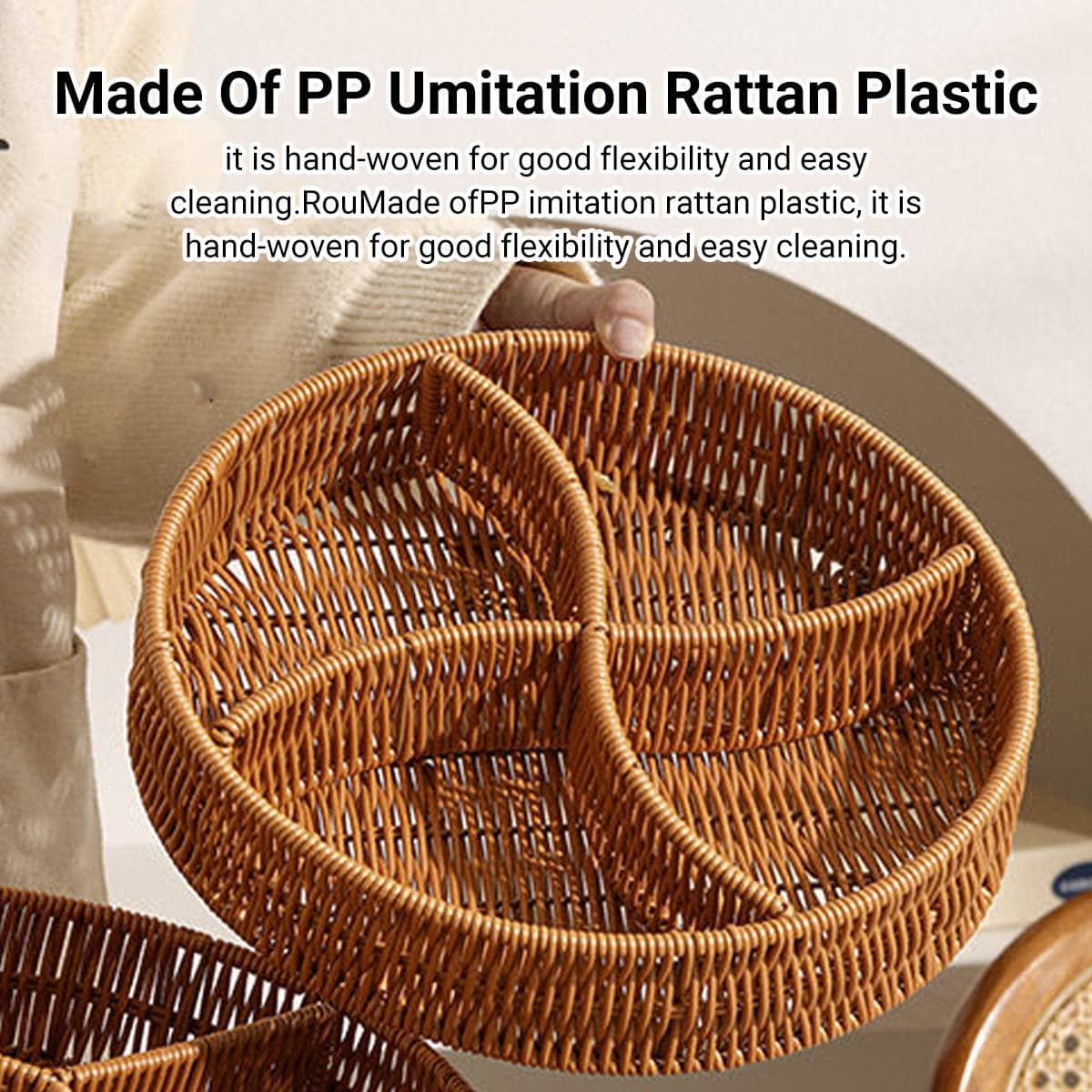 Woven Imitation Rattan Round Storage Basket with Compartments - view 4