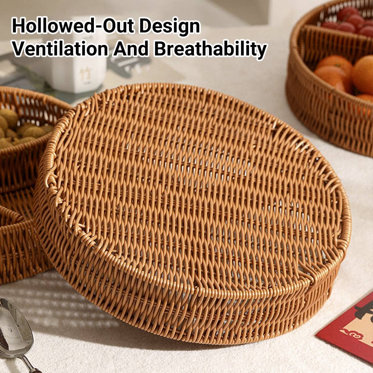 Woven Imitation Rattan Round Storage Basket with Compartments - view 5