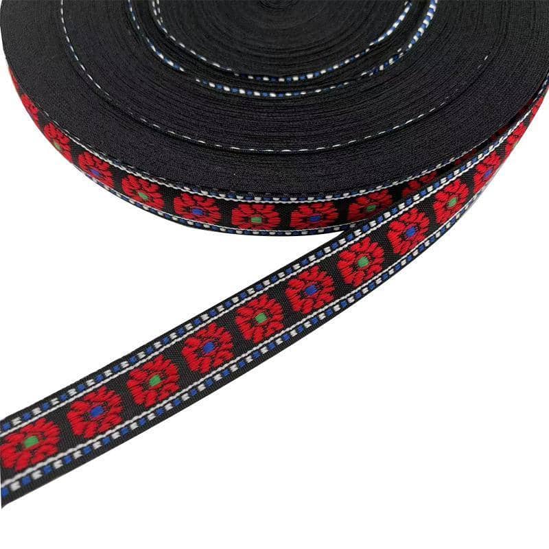 Woven Jacquard Ribbon Trim 2cm x 45m - Black with Red Flowers
