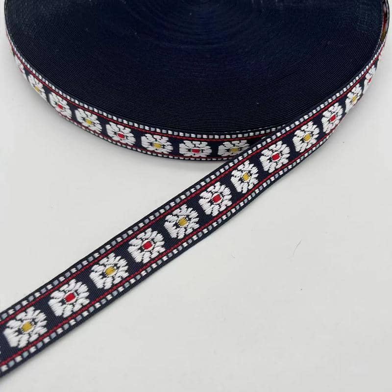 Woven Jacquard Ribbon Trim 2cm x 45m - Black with Red Flowers - view 4