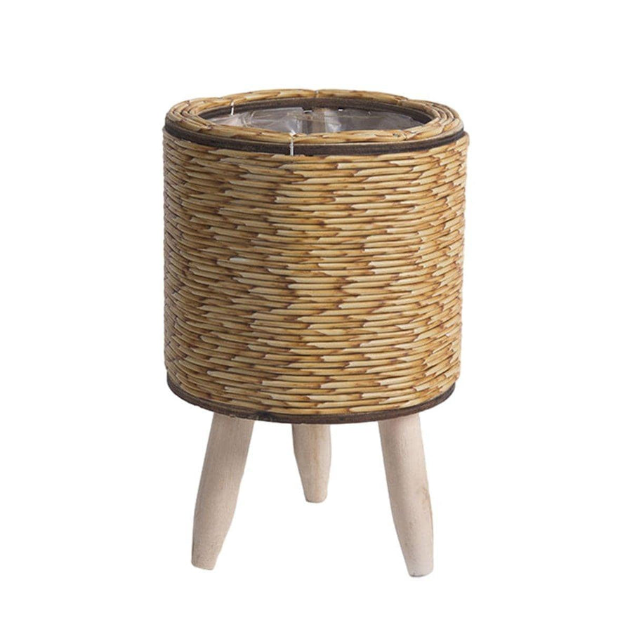 Woven Rattan Planter with Wooden Legs - Golden Yellow, Cylindrical