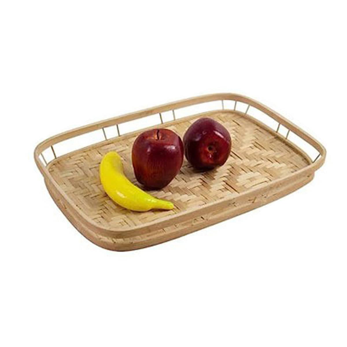 Woven Rattan Serving Tray for Kitchen and Desktop - Rectangular Tray with Rim Handles