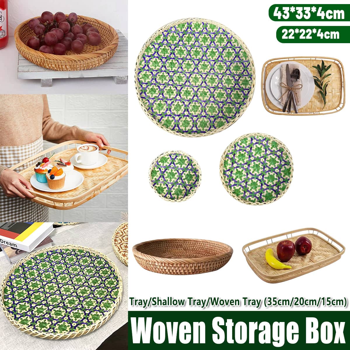 Woven Rattan Serving Tray for Kitchen and Desktop - Rectangular Tray with Rim Handles - view 2