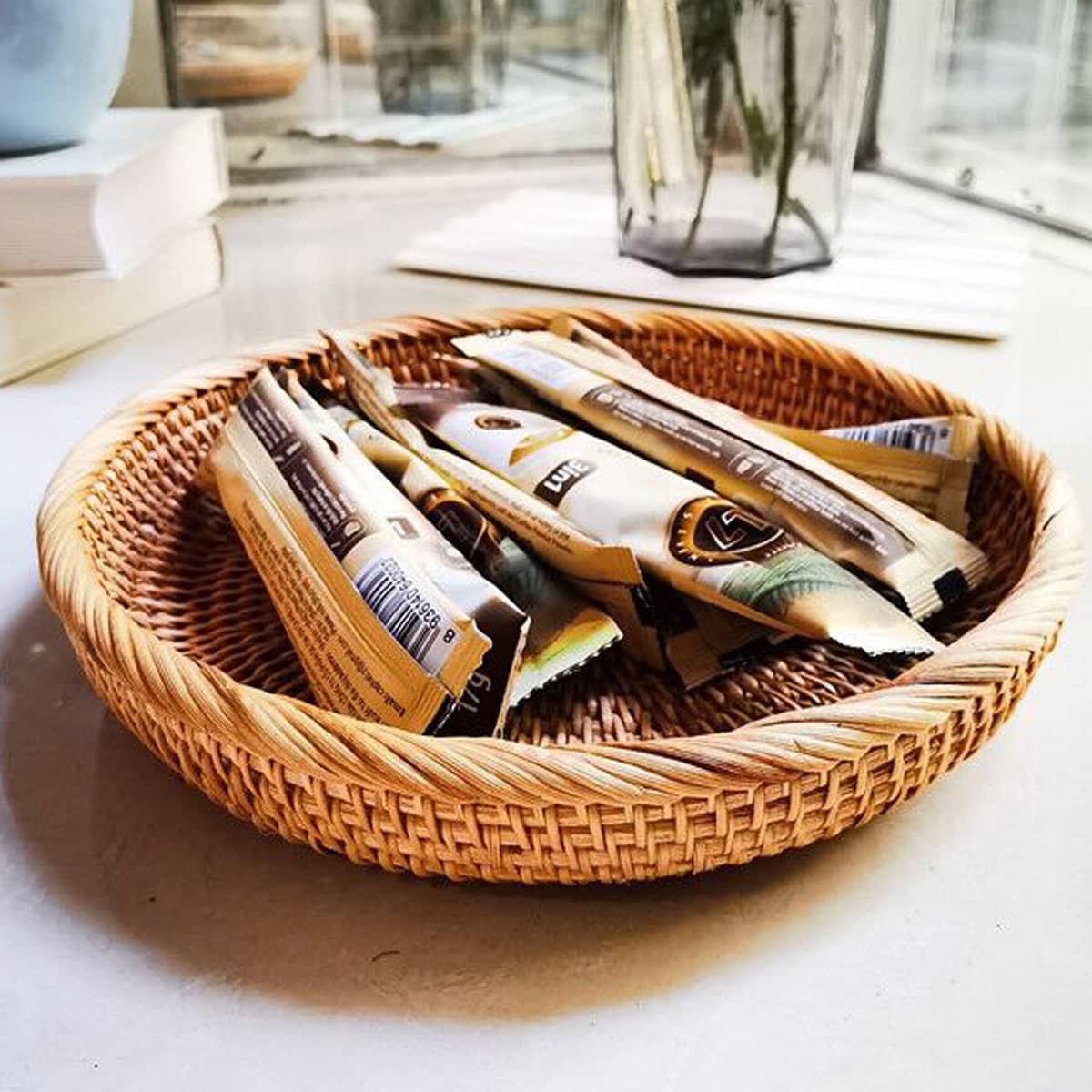 Woven Rattan Serving Tray for Kitchen and Desktop - Rectangular Tray with Rim Handles - view 5
