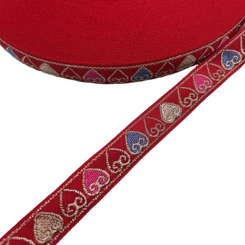 Woven Ribbon Trim, 1.5cm x 45m - Red with Multicolour Hearts