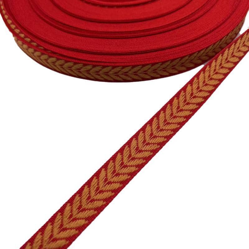 Woven Ribbon Trim, 1.5cm x 45m - Red with Tan Leaf Pattern