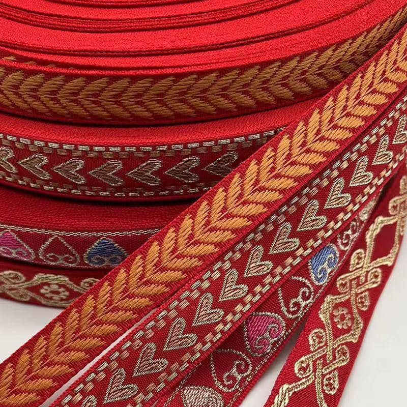 Woven Ribbon Trim, 1.5cm x 45m - Red with Tan Leaf Pattern - view 5