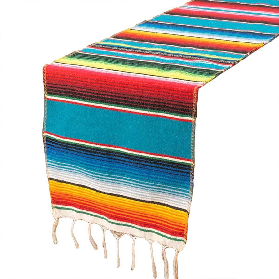 Woven Striped Table Runner with Tassels - Turquoise Blue