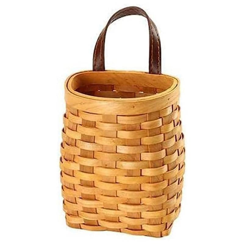 Woven Wooden Wall Hanging Basket with Leather Handle - Honey Brown - view 2