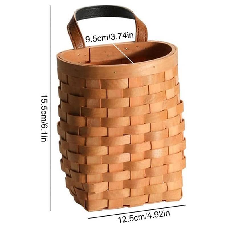 Woven Wooden Wall Hanging Basket with Leather Handle - Honey Brown - view 3