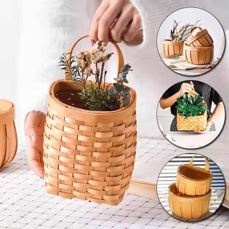 Woven Wooden Wall Hanging Basket with Leather Handle - Honey Brown - view 4
