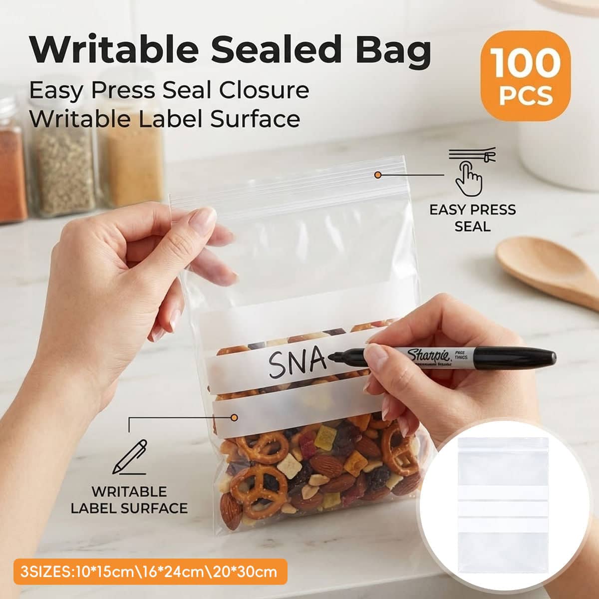 Writable Zip Seal Food Storage Bags, Pack of 100 - 10 x 15 cm - view 2