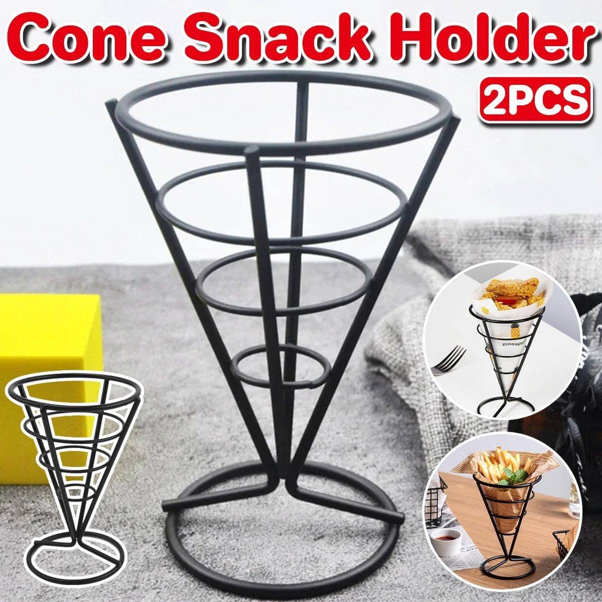 Wrought Iron Cone Snack Rack for Fries and Chips - Black, Pack of 2