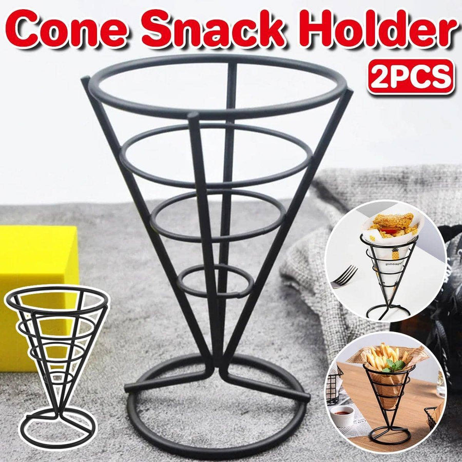 Wrought Iron Cone Snack Rack for Fries and Chips - Black, Pack of 2
