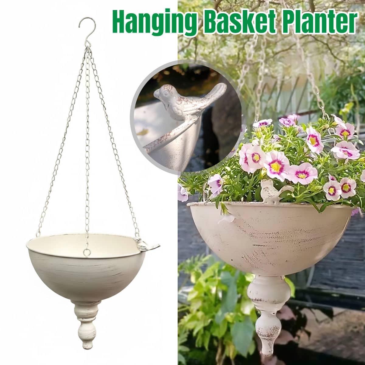 Wrought Iron Hanging Basket Planter with Bird Detail, White 25 cm Bowl