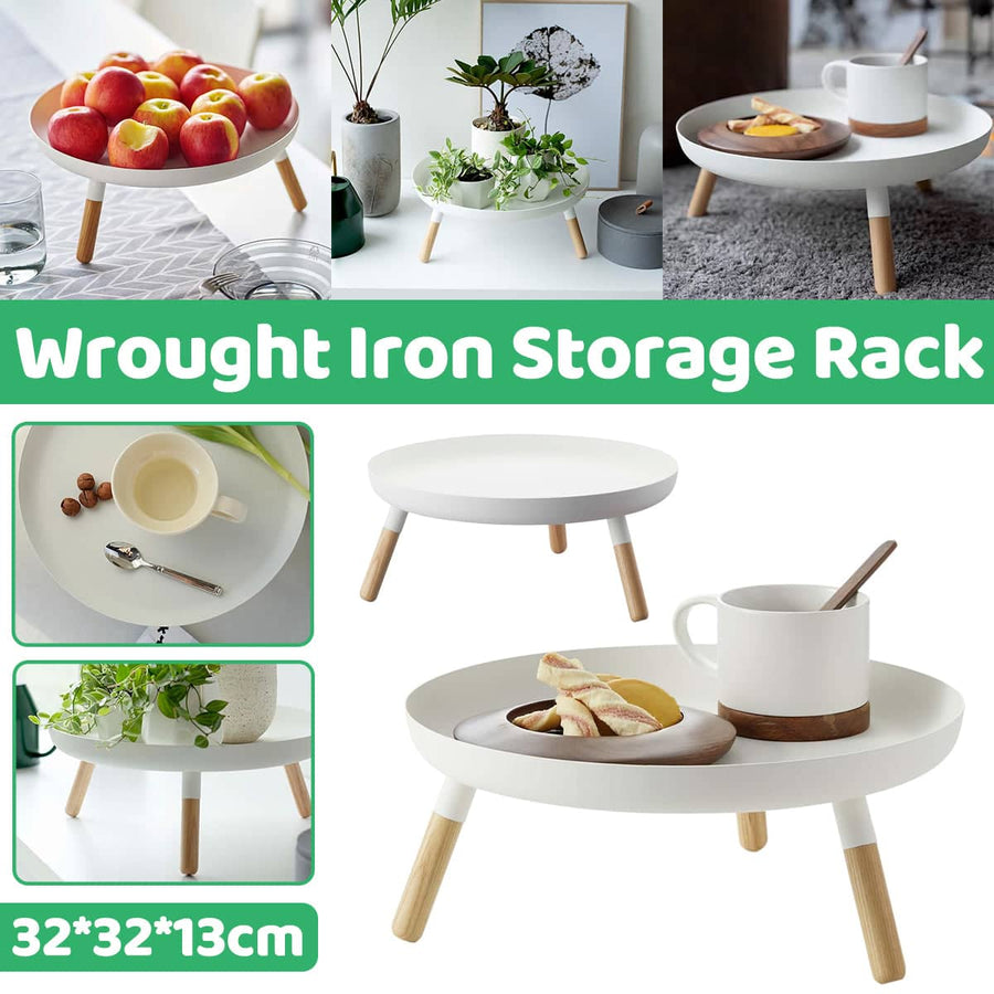 Wrought Iron Tray Storage Rack with Wooden Legs for Kitchen and Living Room