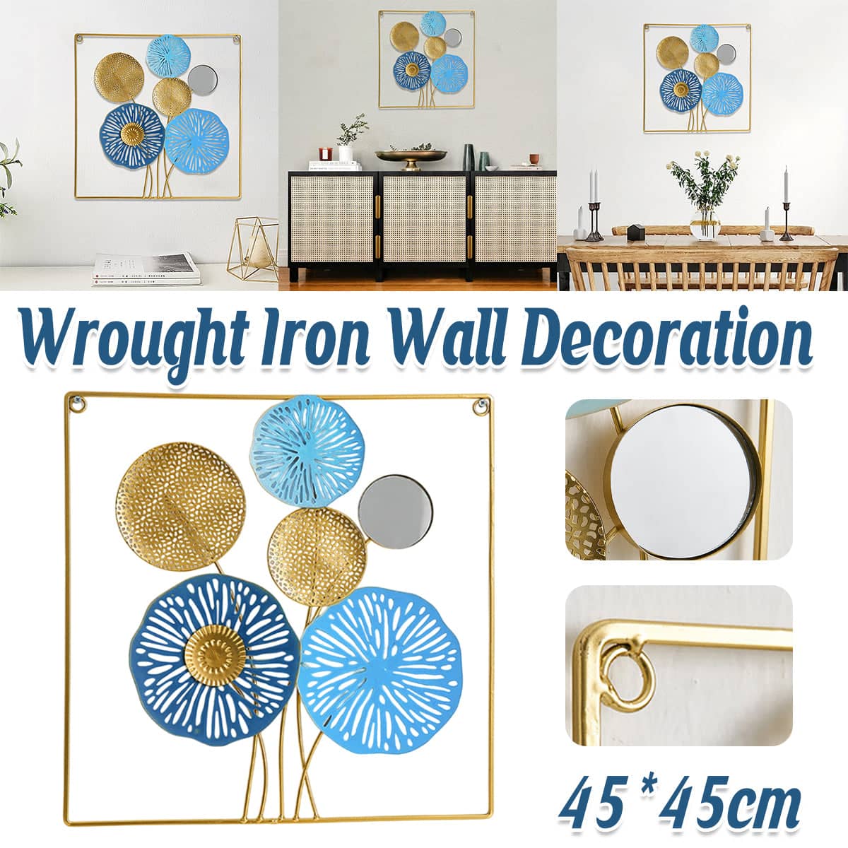 Wrought Iron Wall Decor Flower Design Hanging Ornament, Gold and Blue, 45 x 45 cm