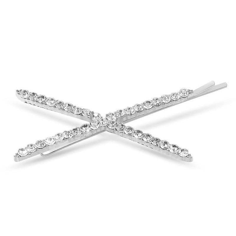 X Shaped Crystal Rhinestone Hair Clip - Silver