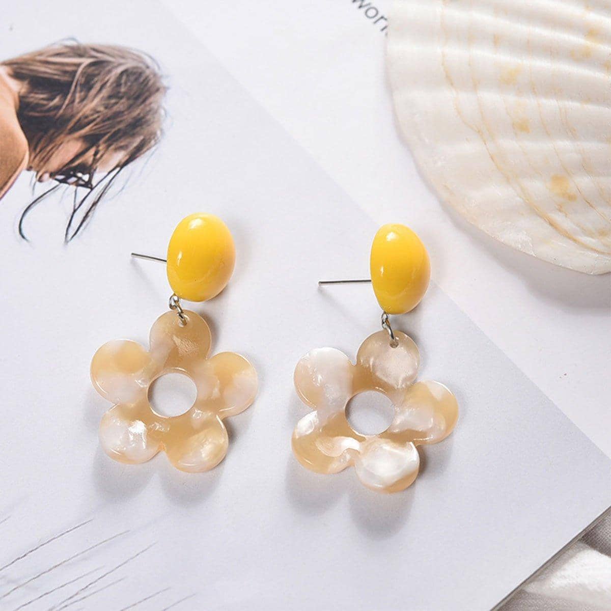 Yellow and Cream Floral Drop Earrings for Women, Resin Fashion Jewellery - view 3