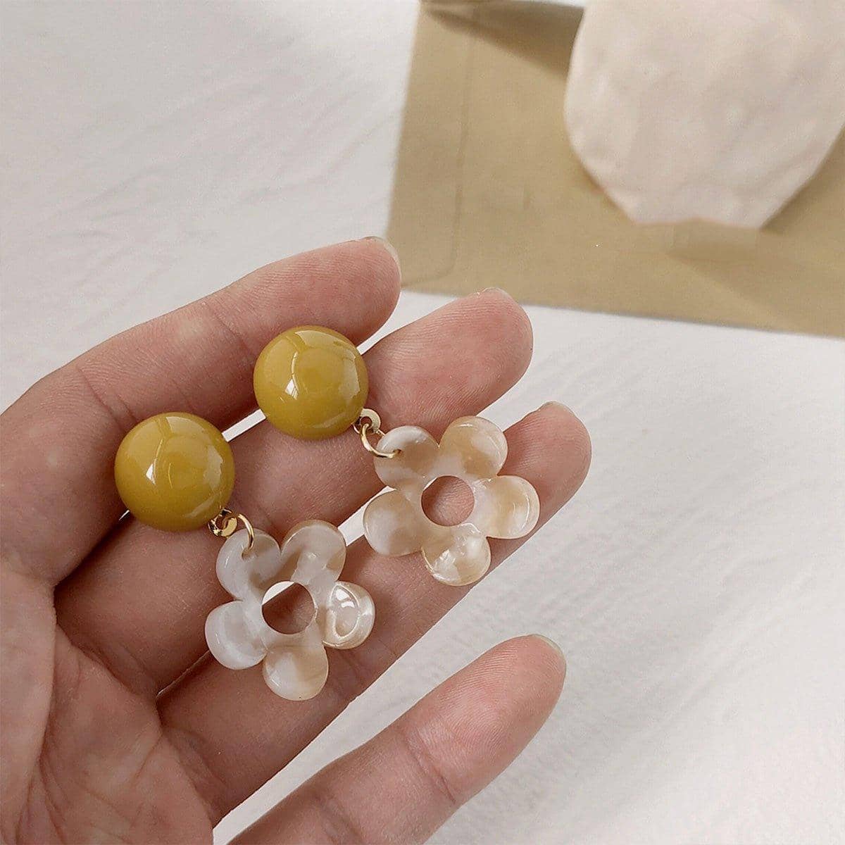 Yellow and Cream Floral Drop Earrings for Women, Resin Fashion Jewellery - view 4