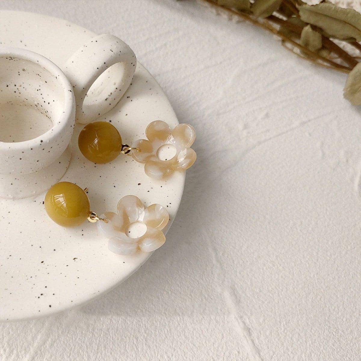 Yellow and Cream Floral Drop Earrings for Women, Resin Fashion Jewellery - view 5