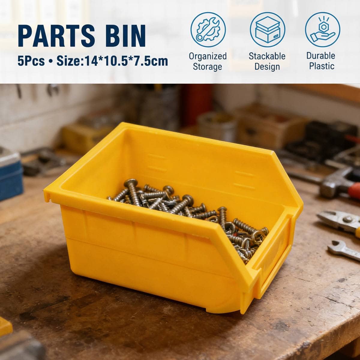 Yellow Plastic Parts Bins, 5 Pack, 14 x 10.5 x 7.5 cm