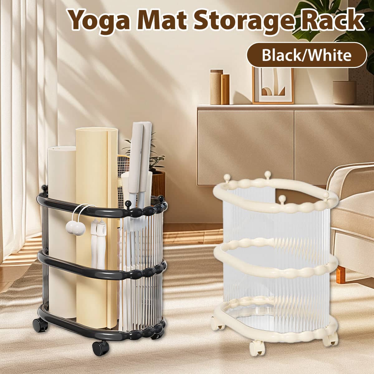 Yoga Mat Storage Rack Durable Plastic Organiser with Wheels and Hooks - White - view 2