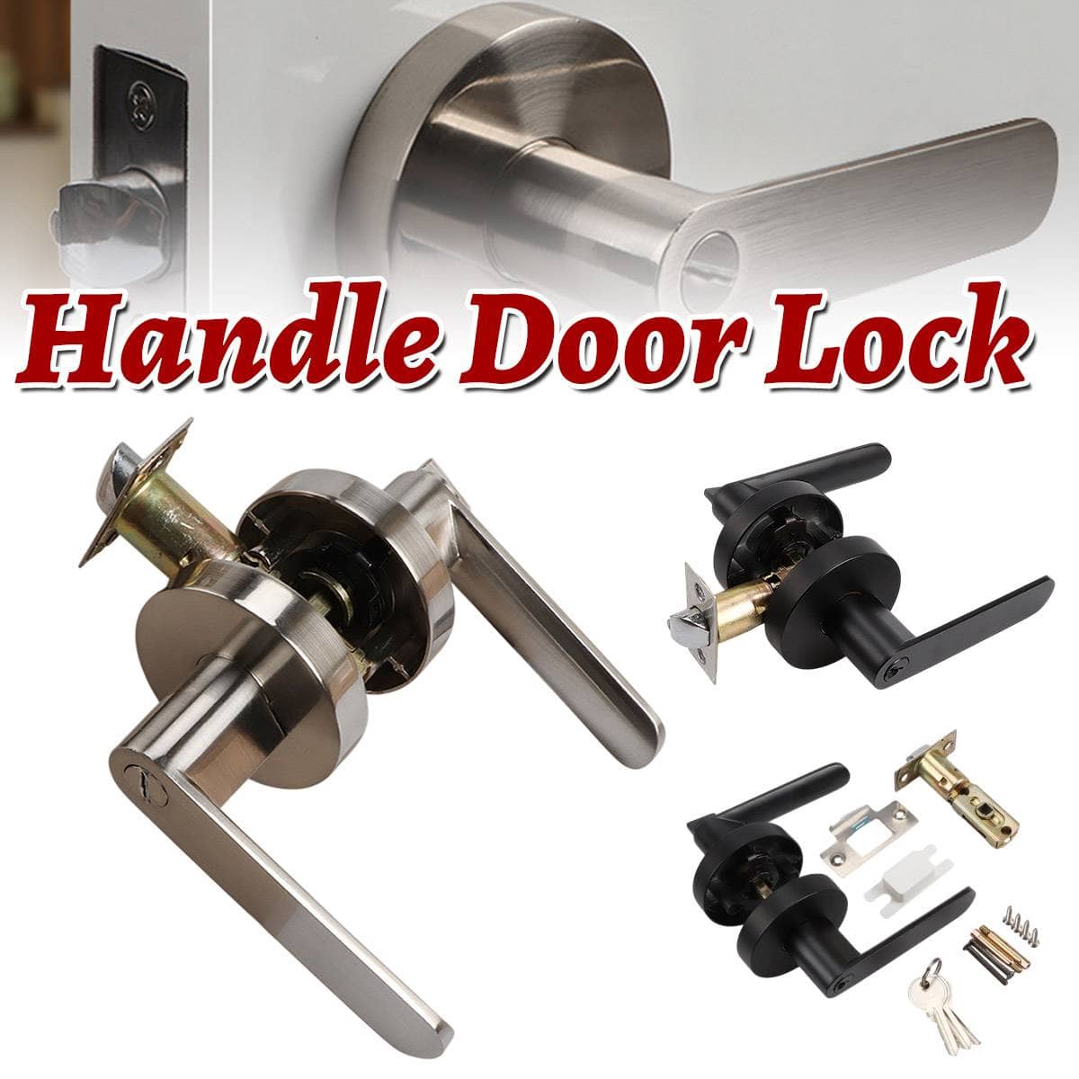 Zinc Alloy Lever Door Handle Lock Set with Keys - Interior Bathroom Door, Matte Black - view 2