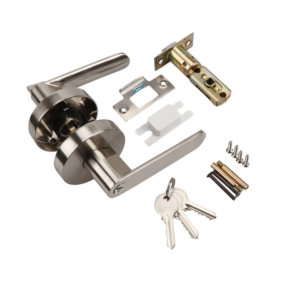 Zinc Alloy Lever Door Handle Lock Set with Keys - Interior Bathroom Door, Silver