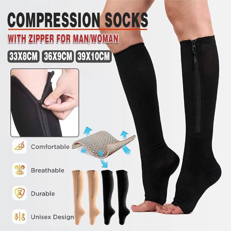 Zip-Up Compression Socks, Open Toe Knee Length - Beige, Size XXL (39 cm Length) - view 2