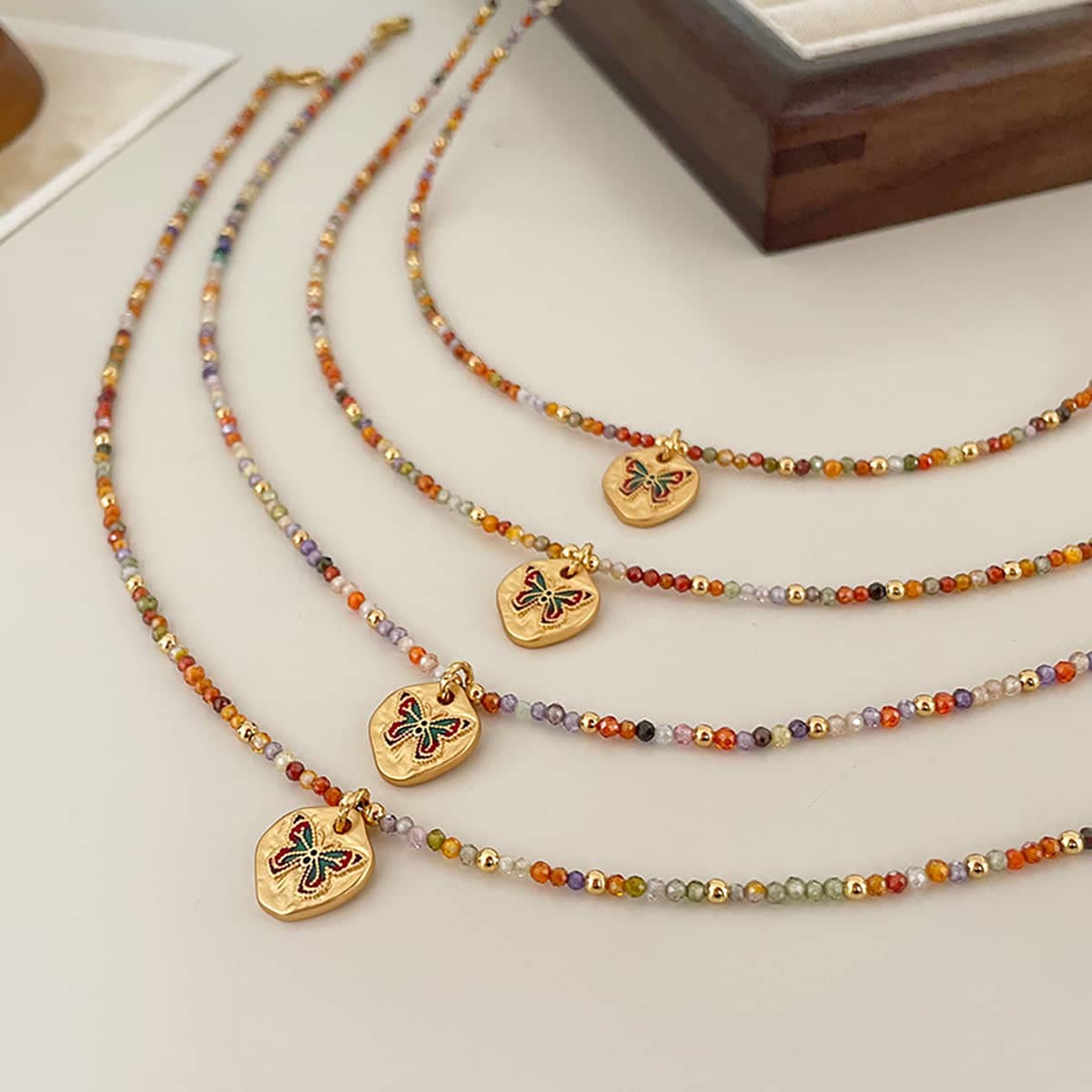 Zircon Beaded Butterfly Pendant Necklace with Adjustable Chain, Multicolour - view 4