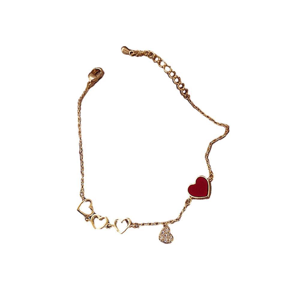 Zircon Rhinestone Adjustable Chain Bracelet for Women - Gold Red Heart Charm