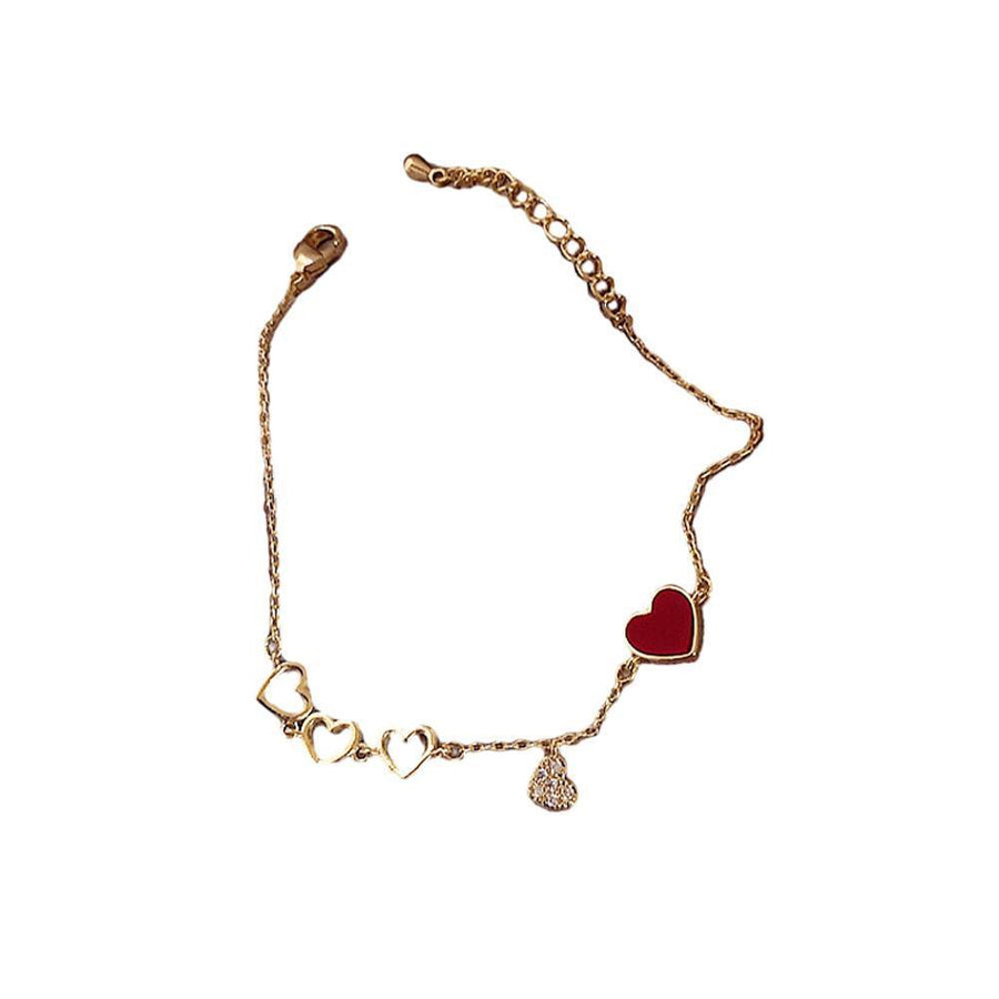 Zircon Rhinestone Adjustable Chain Bracelet for Women - Gold Red Heart Charm