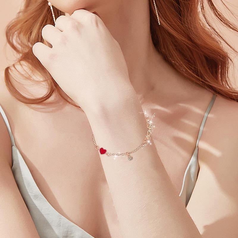 Zircon Rhinestone Adjustable Chain Bracelet for Women - Gold Red Heart Charm - view 3