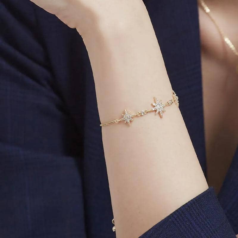 Zircon Rhinestone Adjustable Chain Bracelet for Women - Rose Gold Starburst Charms - view 4