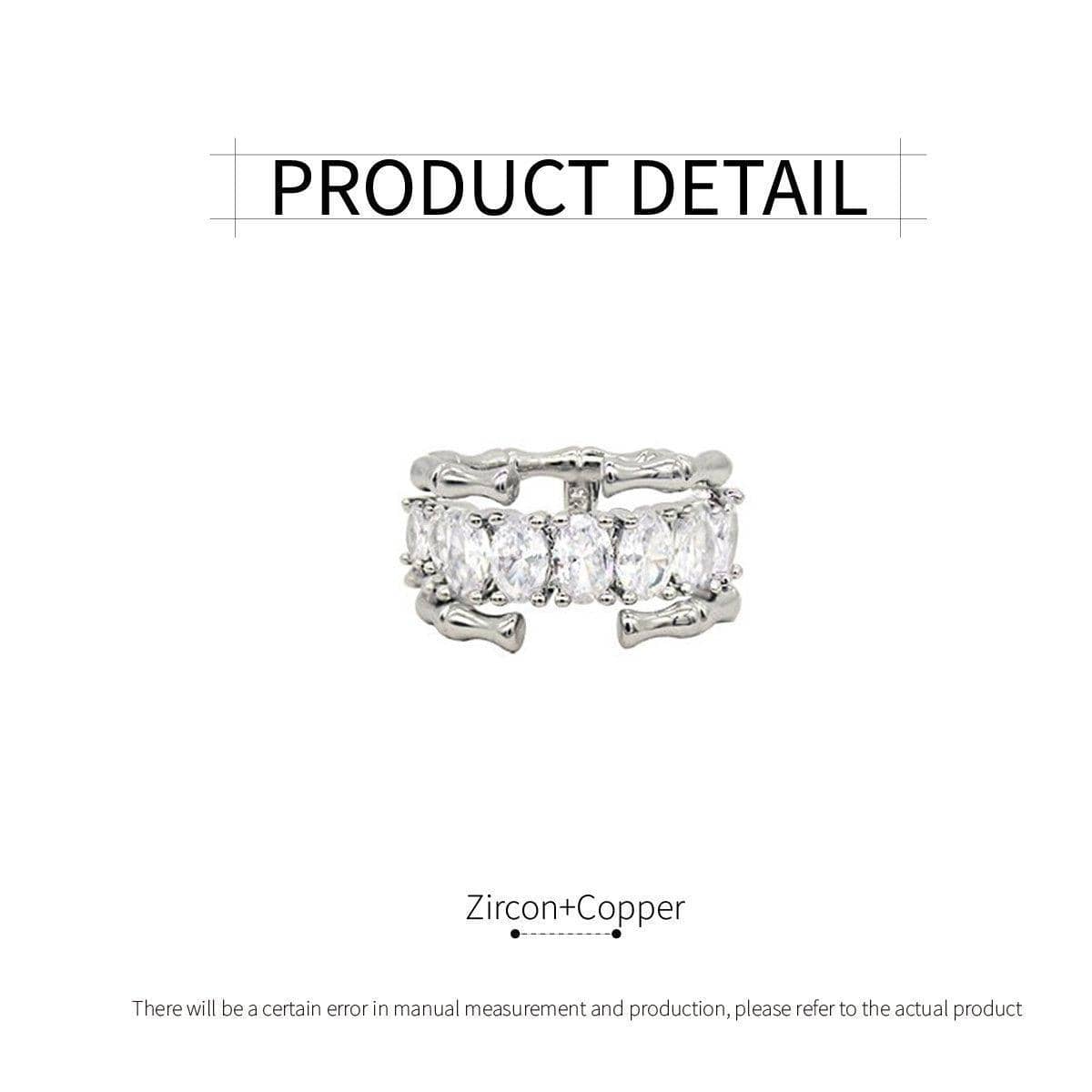 Zircon Ring with Bamboo Joint Design, Adjustable - Silver - view 3