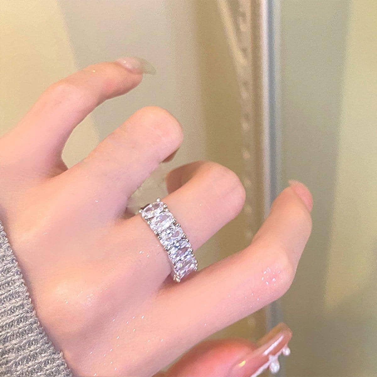 Zircon Ring with Bamboo Joint Design, Adjustable - Silver - view 5