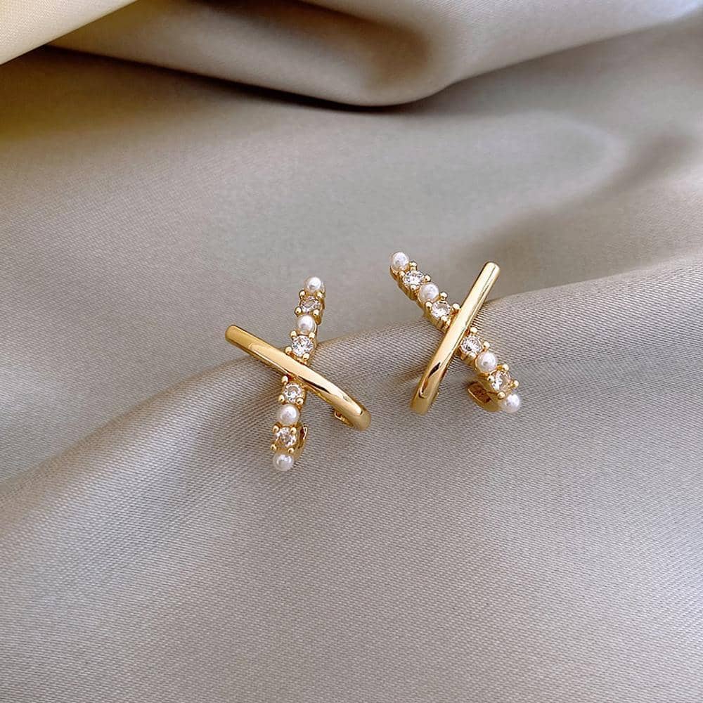 Zircon Stud Earrings for Women - Gold Double Hoop with White Band - view 5