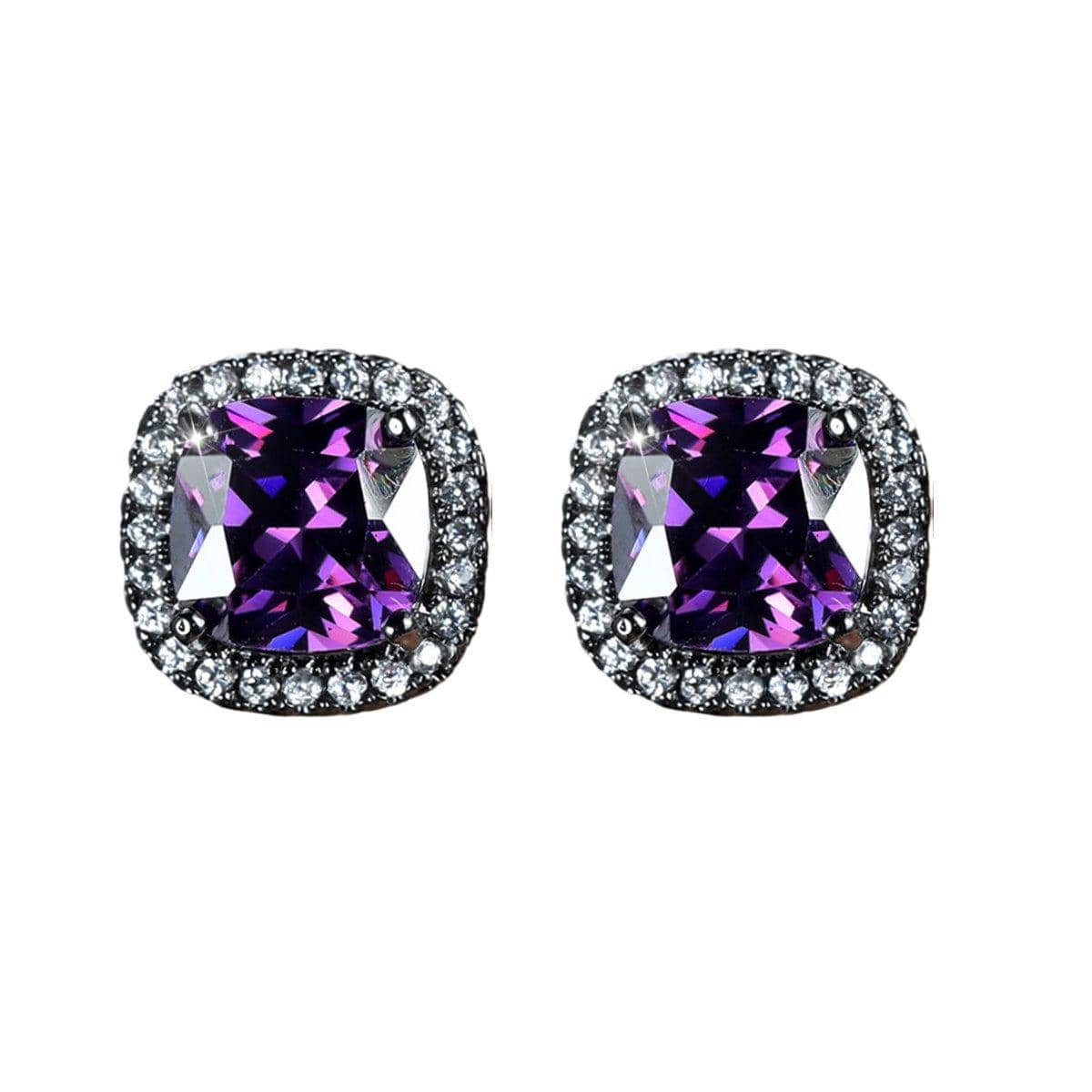 Zirconia Halo Stud Earrings for Women - Black, Purple Stone