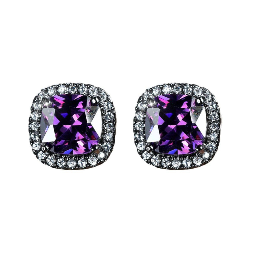 Zirconia Halo Stud Earrings for Women - Black, Purple Stone