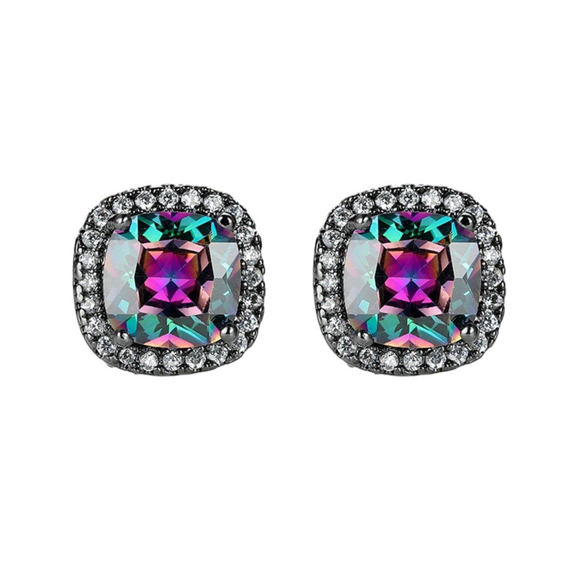 Zirconia Halo Stud Earrings for Women - Black, Rainbow Stone