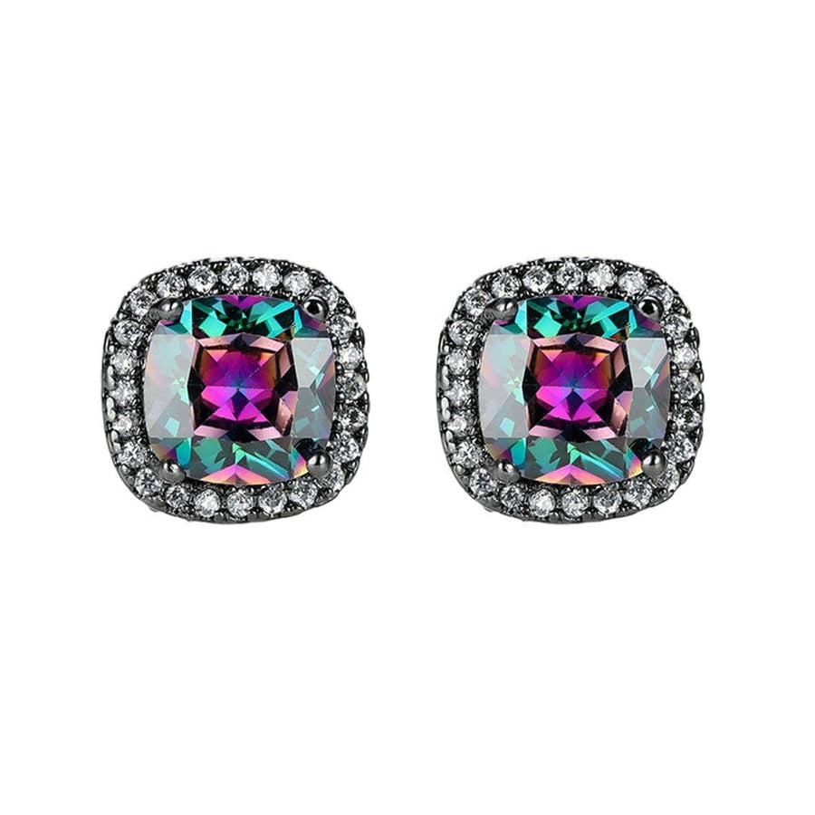 Zirconia Halo Stud Earrings for Women - Black, Rainbow Stone