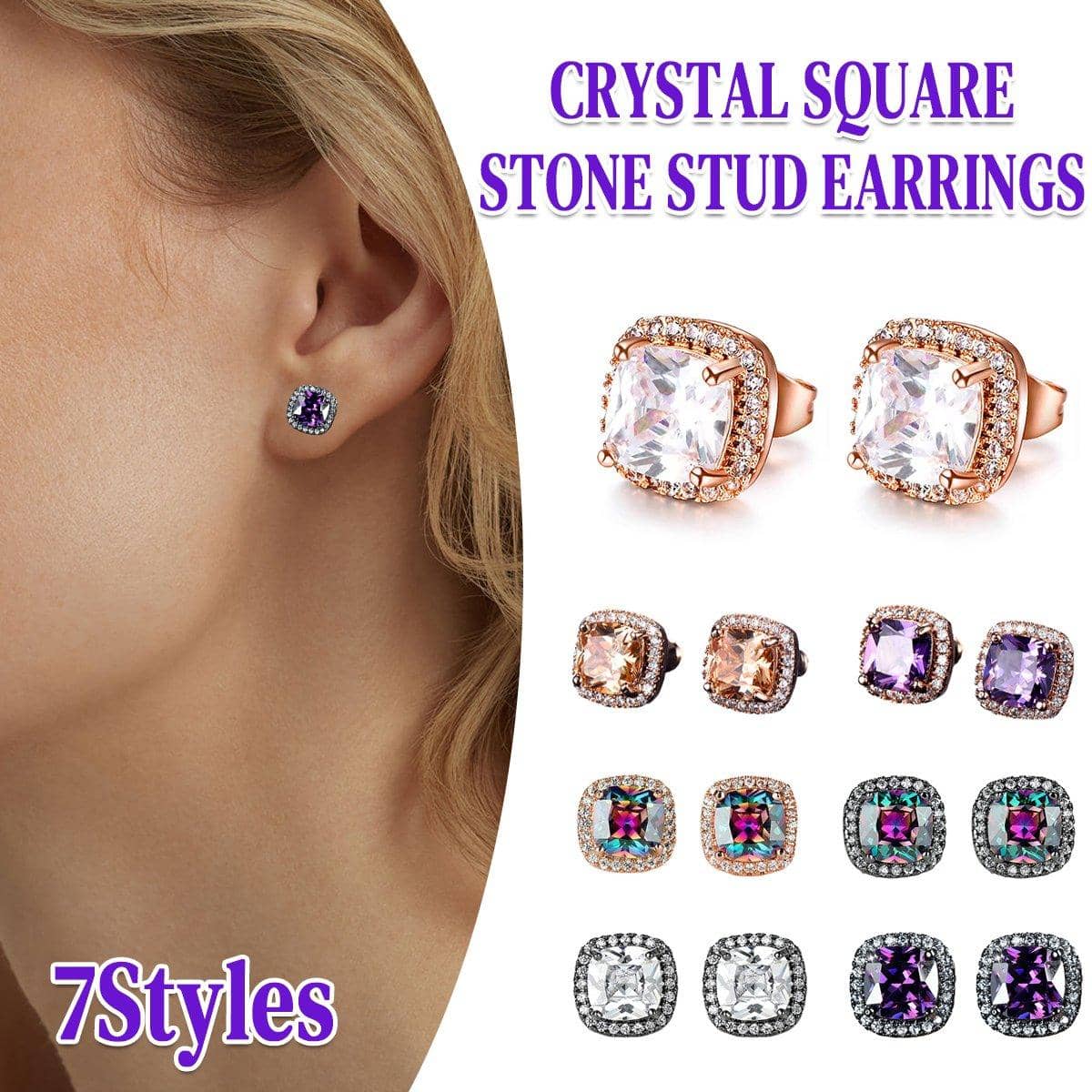 Zirconia Halo Stud Earrings for Women - Black, White Stone - view 2